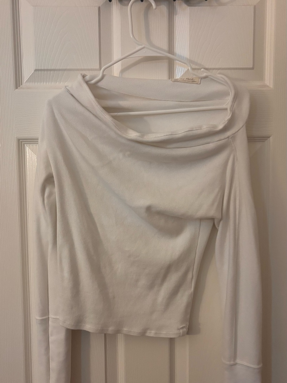 Free People White Off-Shoulder Ribbed Long Sleeve Top